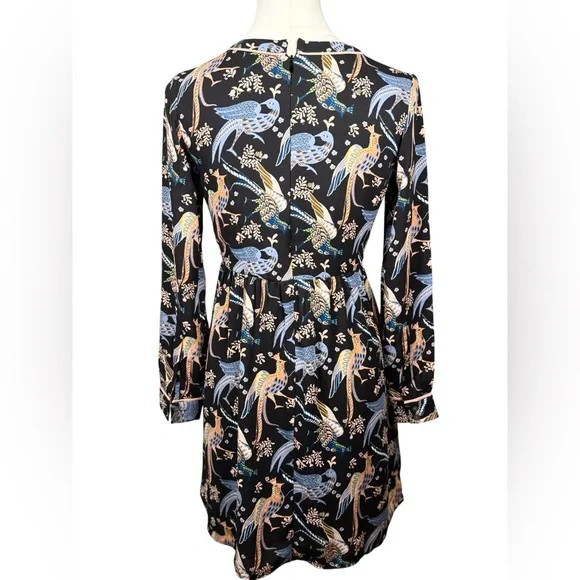 Ann Taylor Loft Long Sleeve Bird Print Dress in Black & Pastels Size 00P - Picture 4 of 9